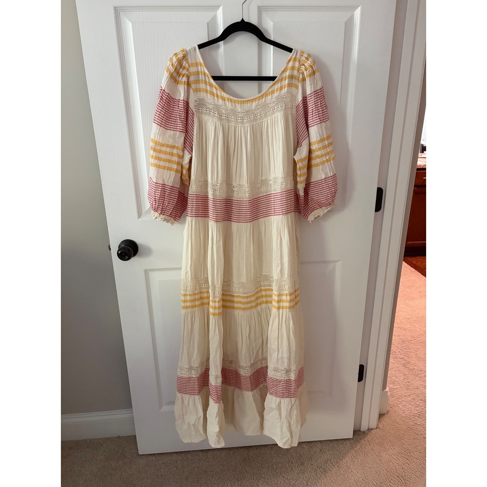 Sundance Women XL Cotton Striped Lace Tiered Maxi Dress Boho Puff Sleeve Cream
